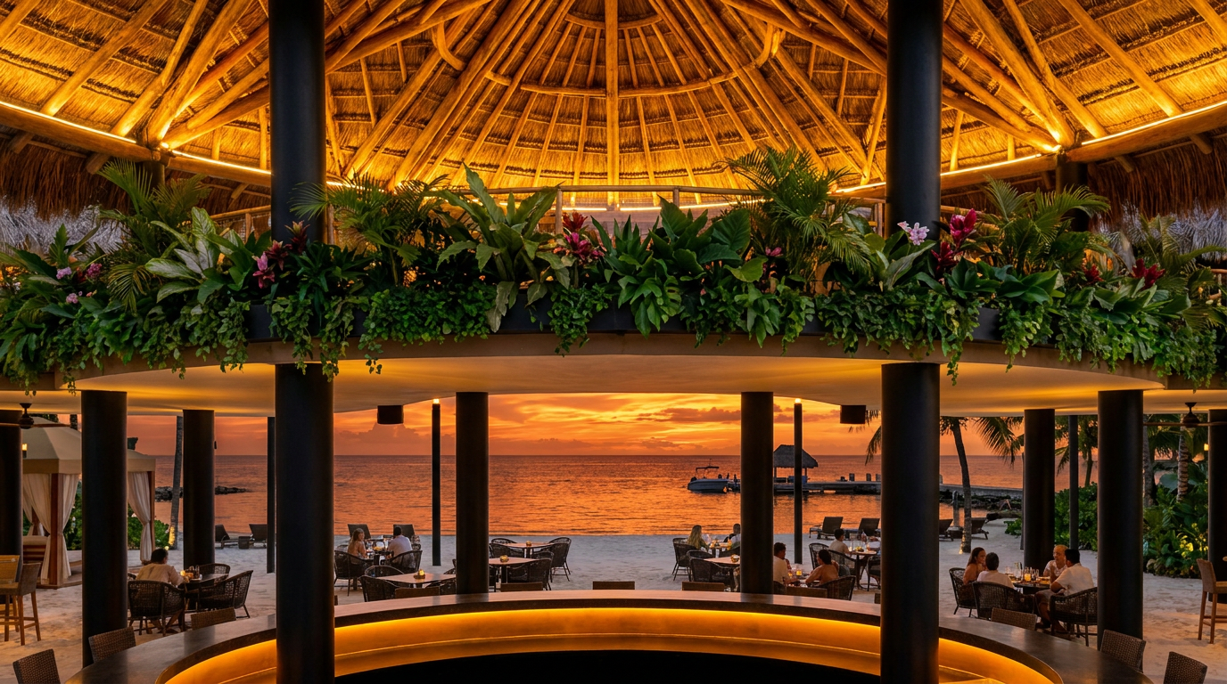 View from inside Mas'Tul bar toward the sunset
