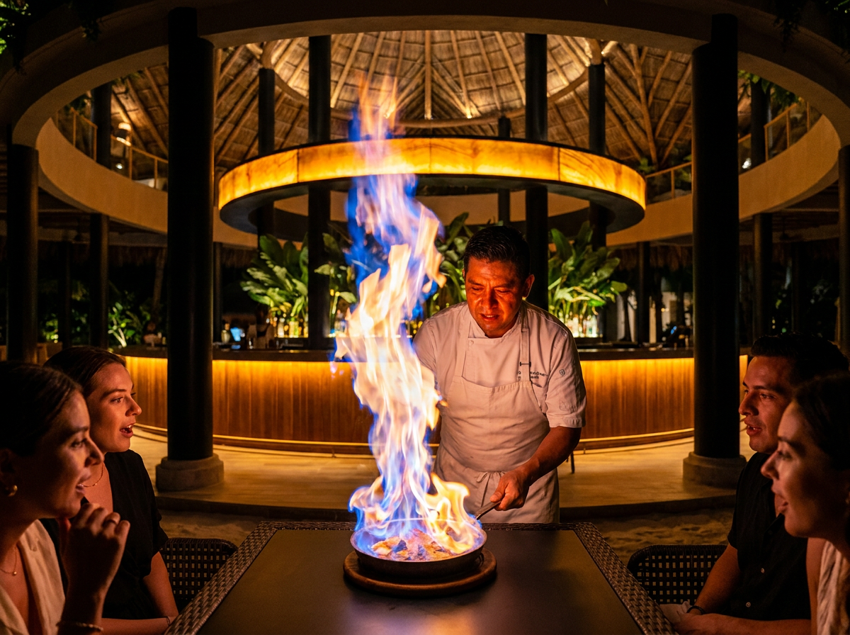 Chef flambeing dish at Mas'Tul
